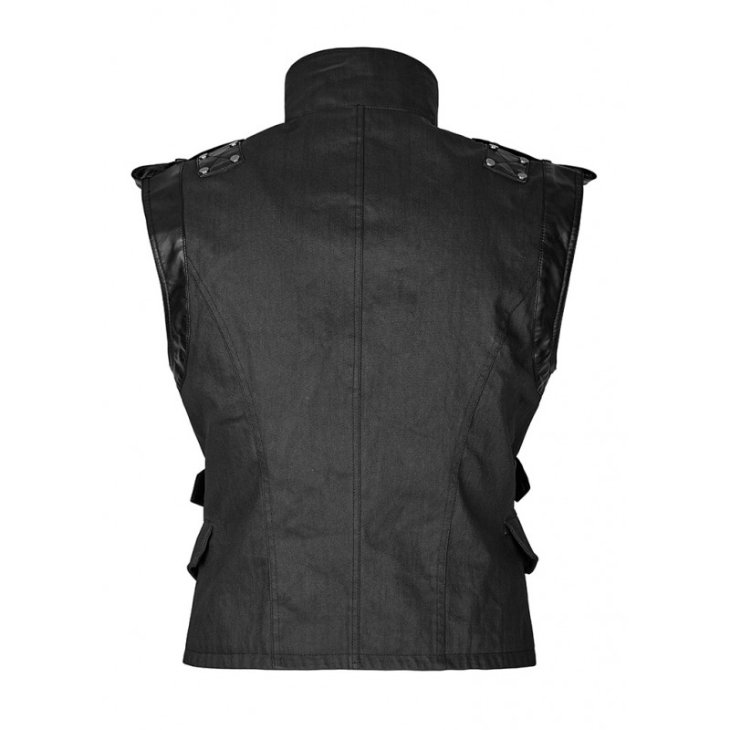 Mens Dieselpunk Military Waistcoat Army Vest Gothic Steampunk Black Leather 